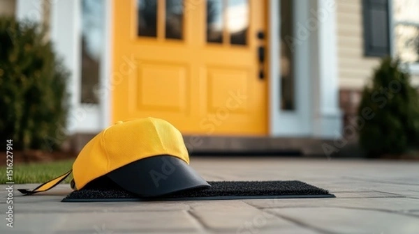 Fototapeta A bright yellow cap rests casually on a doormat outside a vibrant front door, highlighting a playful touch and inviting atmosphere for creative and lifestyle designs.