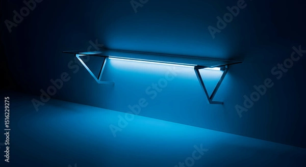 Fototapeta Modern Minimalist Floating Shelf With Blue Led Lighting Display Mockup