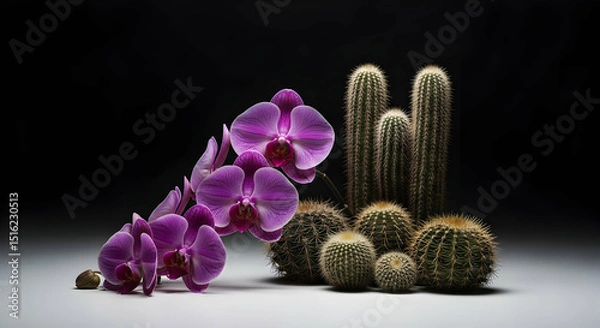 Fototapeta Botanical Juxtaposition Orchid Bloom Beside Arid Cactus Cluster