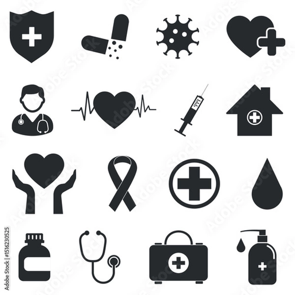 Fototapeta Medical Icons Set – Healthcare and Hospital Vector Symbols. Healthcare icon set in monochrome style – ideal for apps, websites, and infographics. Includes hospital, pharmacy.