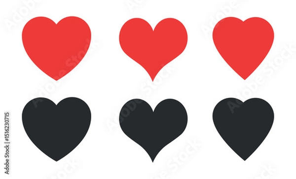 Fototapeta Minimalist Heart Icon Set – Red and Black Love Symbols. Flat style heart icons in two-tone color palette. Elegant design elements for love, health, or dating projects.