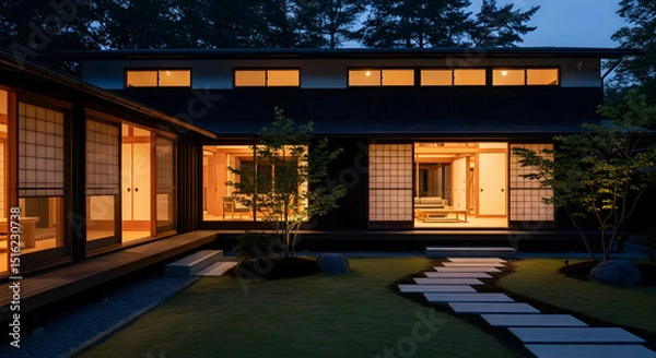 Fototapeta Illuminated Japanese Residence With Stone Pathway And Lush Garden At Twilight