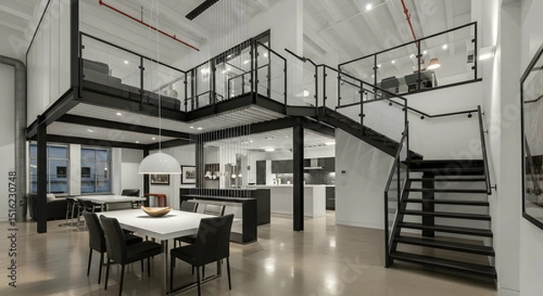 Fototapeta Modern Open Concept Loft Interior Design With Mezzanine Levels And Clean Lines