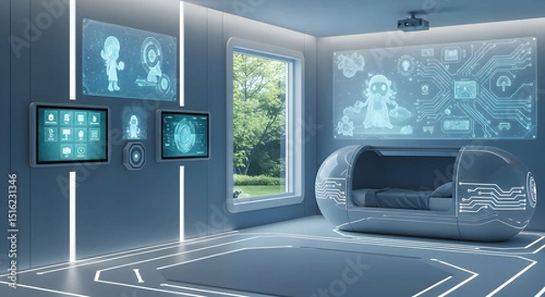 Fototapeta Futuristic Relaxation Pod With Display Screens In A High Tech Living Space