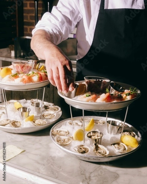 Obraz Chef arranging seafood platter in restaurant.