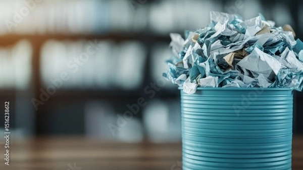 Fototapeta This image features a blue recycling bin filled with crumpled paper, representing sustainability and the importance of recycling in a modern office environment.