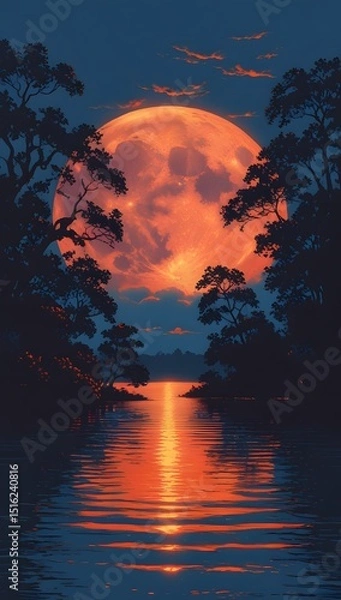 Fototapeta Super-moon Reflection Over Tranquil Lake at Twilight – Nature Landscape wallpaper