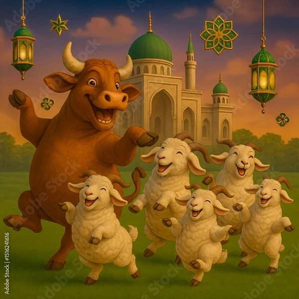 Obraz 3D Eid al-Adha Illustration: Joyful Cow and Sheep Dancing on Green Pasture with Elegant Mosque