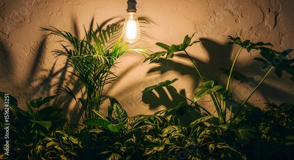 Fototapeta Illuminated Tropical Plants with Artistic Shadows on Textured Background