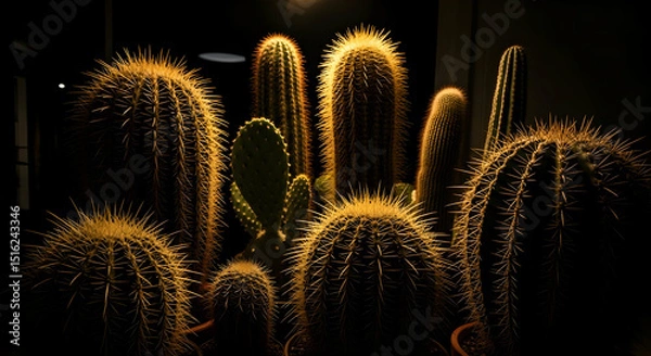 Fototapeta Captivating Golden Light Illuminating a Diverse Cactus Collection Display