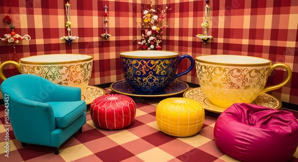 Fototapeta Whimsical Tea Party Setup With Oversized Cups And Vibrant Seating