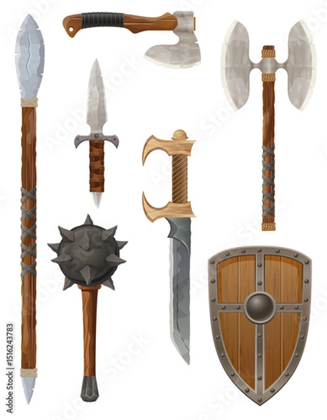 Fototapeta detailed vector illustration showing a variety of fantasy and ancient weapons and shields the image features swords, axes, hammers, spears, and torches, along with intricately designed round and tradi