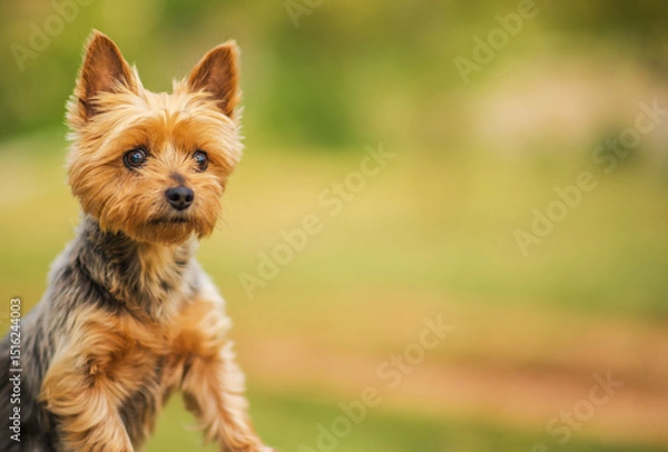 Fototapeta Cute Australian Silky Terrier Dog Enjoys a Sunny Day in a Grassy Park Setting With Blurred Background