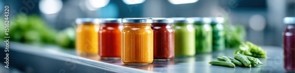 Fototapeta Dynamic view of vegetable canning production in a vibrant factory setting with jars ready for packing