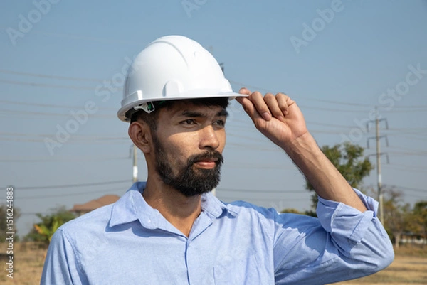 Fototapeta Handsome bearded young engineer wearing a hard hat and vest standing on wind farm.