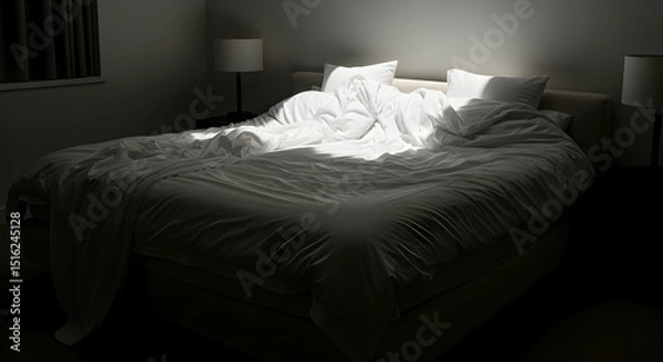 Obraz Sunlight Streamed Onto Rumpled Bedding In Dim Lit Room Creates Somber Atmosphere