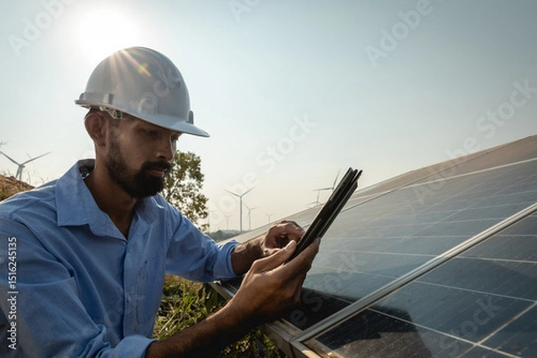 Fototapeta Young Asian engineer with beard inspects solar panels with tablet, renewable energy for the future concept