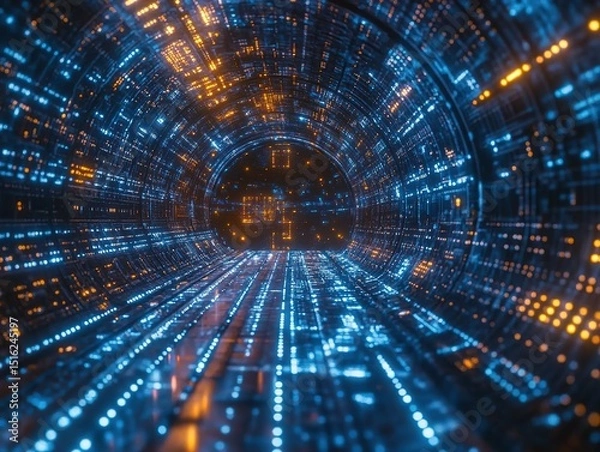 Obraz Futuristic Tech Tunnel Background: Interwoven Blue Binary Electronic Lines in Space Capsule Passage. Cybernetic Light-Shadow Network with Dynamic Geometry