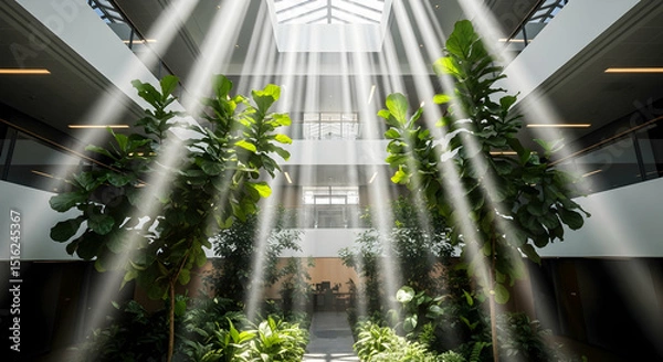 Obraz Sunlit Interior Featuring Lush Plants And Architectural Design Elements