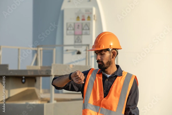 Fototapeta Handsome bearded young engineer wearing hard hat and vest looking at wristwatch while standing on wind farm
