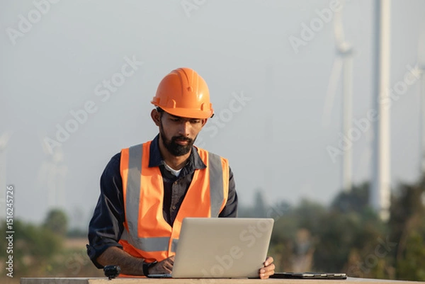 Fototapeta Young Engineer or Maintenance Technician Working with Laptop Computer on Wind Farm
