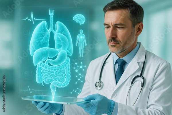 Fototapeta AI generated digital scene of a futuristic doctor using a transparent tablet displaying glowing 3D holograms of human stomach liver and intestines in a clean sci fi medical setting