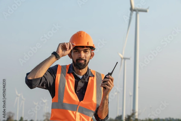 Fototapeta A bearded young engineer wearing a hard hat and holding walkie-talkie stands on a wind farm, looking at camera.
