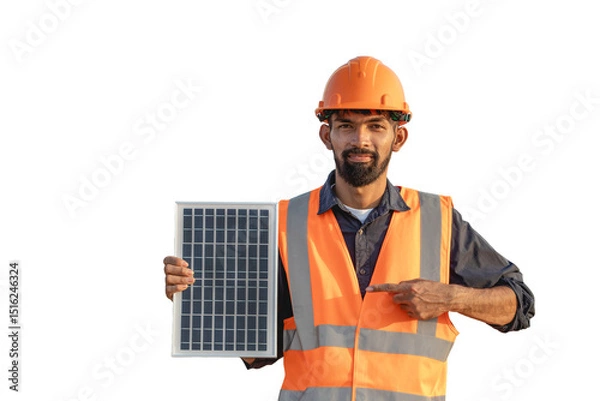 Fototapeta Smiling handsome bearded young engineer in hard hat pointing at solar panels isolated on white background. Clean renewable energy concept for the future