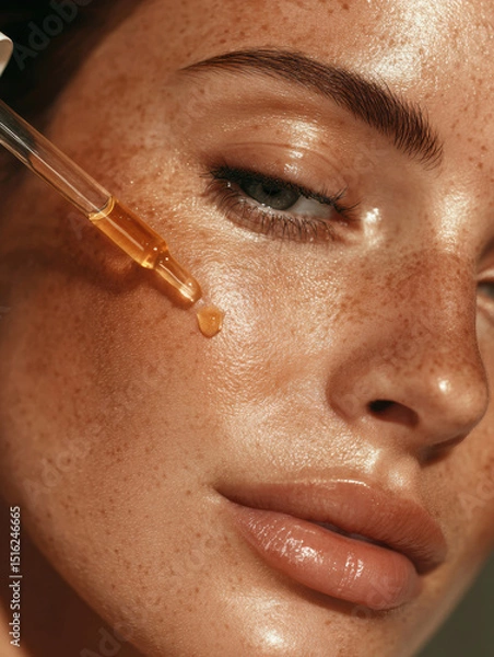 Obraz Close up of woman applying facial serum with dropper, showcasing glowing skin and natural freckles, emphasizing skincare and beauty routine