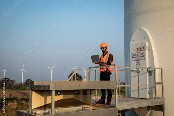 Fototapeta Young Engineer or Maintenance Technician Working with Laptop Computer on Wind Farm
