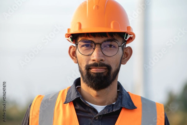 Fototapeta Portrait of handsome bearded young engineer wearing a hard hat and glasses stands on wind farm.