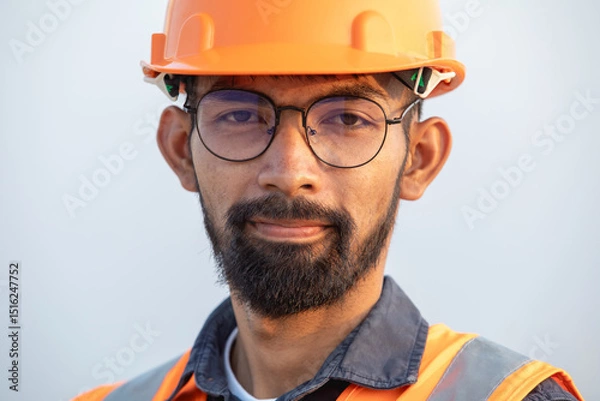 Fototapeta Portrait of handsome bearded young engineer wearing a hard hat and glasses stands on wind farm