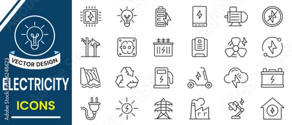 Fototapeta Electricity icons, vector set collection. Electricity, Energy line icons such as lightning strike, static, energy sources, induction, electric current, charger flow and more. Vector illustration.