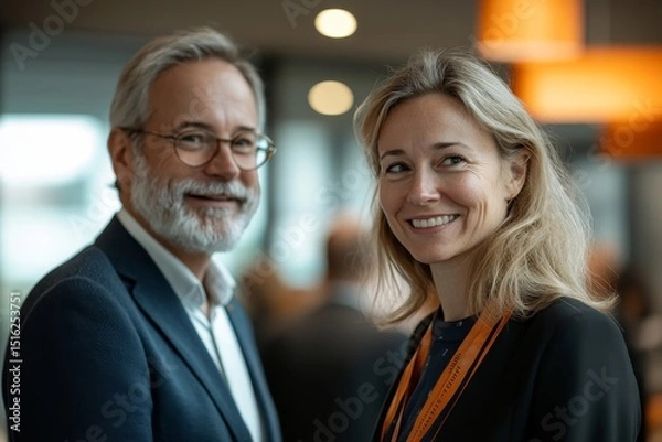 Fototapeta A man with glasses and a beard and a woman smiling in a business setting with orange accents