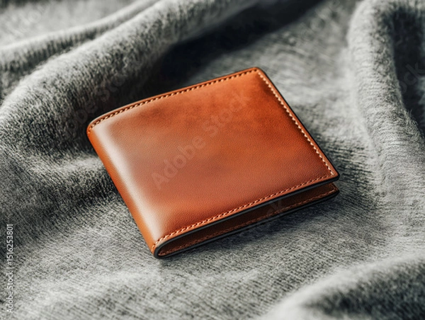 Obraz a high-quality leather wallet placed flat on textured grey fabric, natural soft light, sharp product focus, luxury men’s accessory mockup