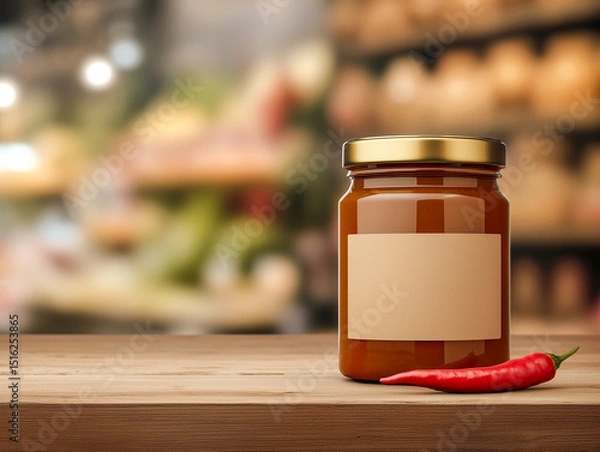Obraz a minimalistic full of glass jar chili pepper ,set on a wooden shelf with blurred kitchen background, blank label, clean lifestyle branding