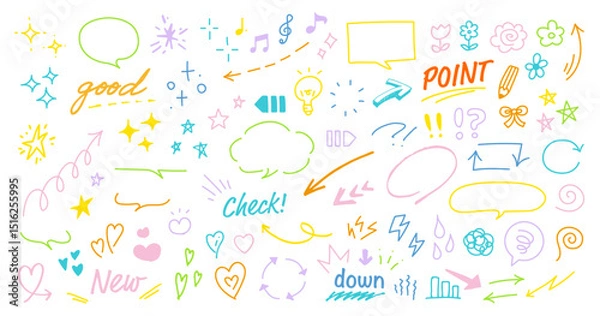 Obraz 手描きの装飾セット。かわいい線画。ふきだし、矢印、星、ハートなど。ペンで描いた感情のアイコン。