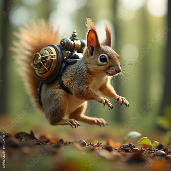 Obraz Flying Squirrel with Steampunk Backpack Leaping Through Forest Ground