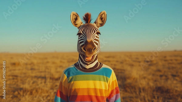 Fototapeta Stylish zebra in a colorful striped shirt standing in a golden field under soft sunset light. A whimsical, anthropomorphic animal portrait ideal for fashion, editorial, or children’s content.
