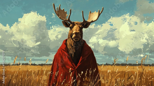 Fototapeta Regal moose in a red wool cloak standing beneath a dramatic sky. A majestic and surreal animal portrait blending fantasy fashion with natural strength and serenity.
