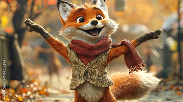 Fototapeta Cheerful fox in a red scarf and vest, smiling brightly with open arms in a sunlit setting. A warm and lively character portrait ideal for storytelling, children’s media, or branding.
