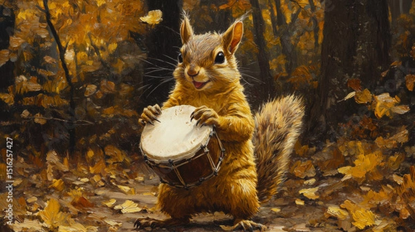 Fototapeta Energetic squirrel in a vibrant forest playing a small hand drum. A lively and musical animal portrait full of woodland charm and performance energy.

