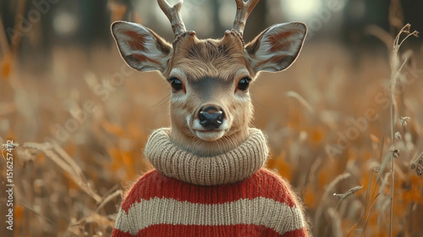 Fototapeta Stylish deer with antlers wearing a red knit sweater, posing in a soft autumn meadow. A fashionable and regal animal portrait with elegance and seasonal warmth.

