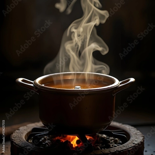 Obraz Pot on Stove Cooking with Steam Emanating in Dark Moody Kitchen
