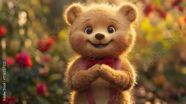 Fototapeta Cute teddy bear character in red suspenders smiling warmly with paws together, surrounded by flowers and sunlight. A gentle, storybook-style portrait full of comfort and delight.
