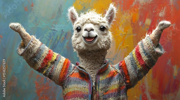 Fototapeta Smiling alpaca in a colorful striped sweater, raising its arms in front of a painted wall. A joyful, photorealistic character perfect for fun lifestyle or creative designs.
