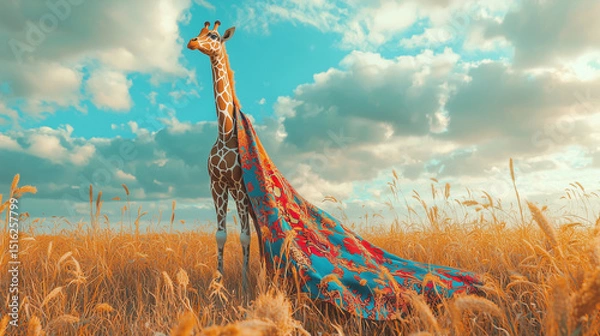 Fototapeta Giraffe draped in a flowing scarf, standing tall in golden fields under a bright sky. A unique blend of fashion and wildlife captured in a creative portrait style.
