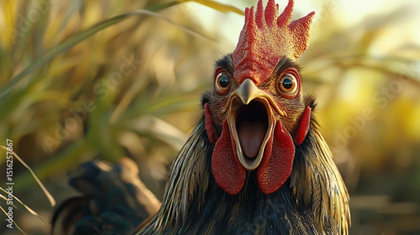 Fototapeta Funny rooster with wide eyes and open beak, captured in a humorous expression with natural background. A quirky and expressive animal character full of comic personality.
