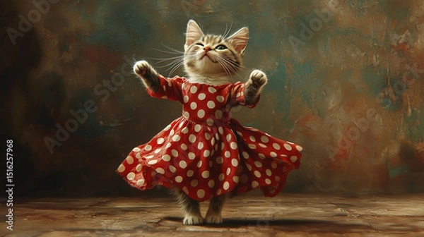 Fototapeta Playful kitten in red polka dot dress spinning joyfully, caught mid-motion in soft lighting. A charming and whimsical animal portrait full of movement and energy.
