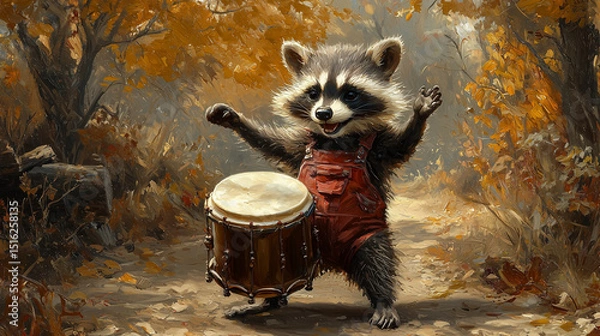 Fototapeta Happy raccoon playing a tall hand drum with energy, dressed in overalls in an autumn forest. A rhythmic and cheerful animal character perfect for music and lifestyle visuals.
